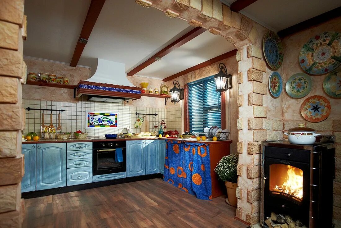 Кухня с печкой в частном доме дизайн Пробковый пол CORKSTYLE Willow в проекте Кухня на юге Италии