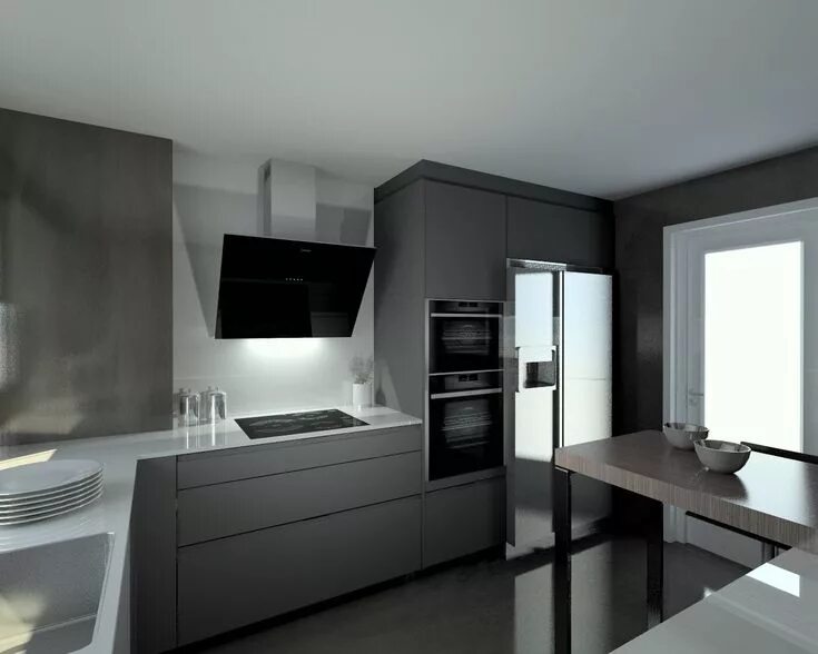Кухня с серой техникой фото Cocina Santos Modelo Intra Gris Antracita Laca Seda Encimera Silestone Blanco De