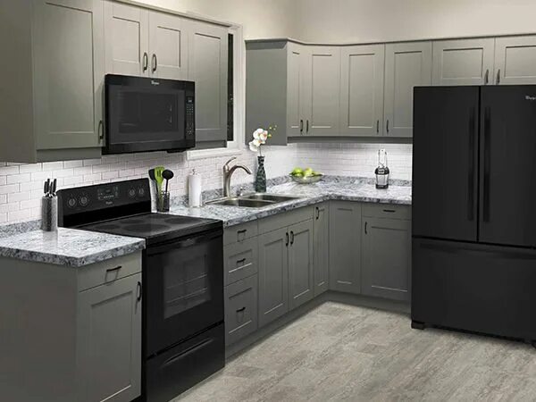 Кухня с серой техникой фото Kitchen - KLËARVŪE Cabinetry ® Menards kitchen cabinets, Condo kitchen, Kitchen 