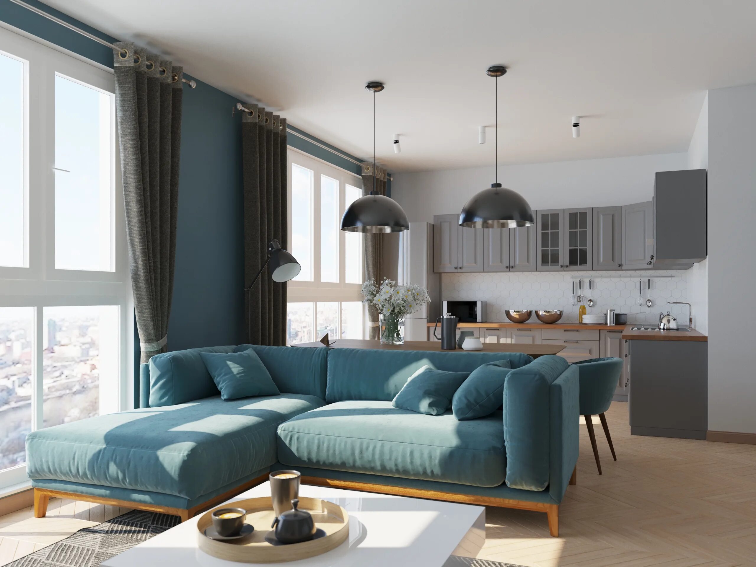 Кухня с серым диваном фото Проект студии, Новокосино, дневное освещение, ч.1: Портфолио фрилансера Михаил К