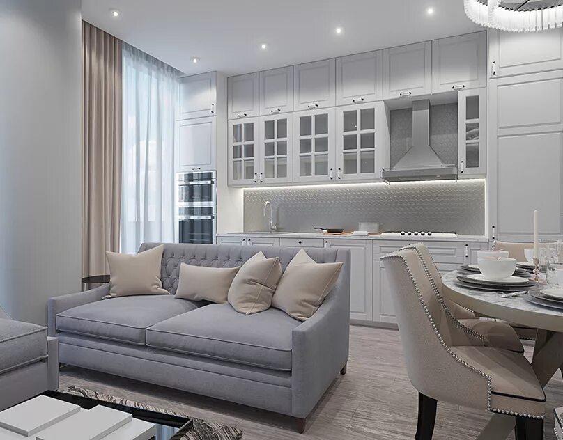 Кухня с серым диваном фото Кремово белый цвет в интерьере - Гранд Проект Декор.ру