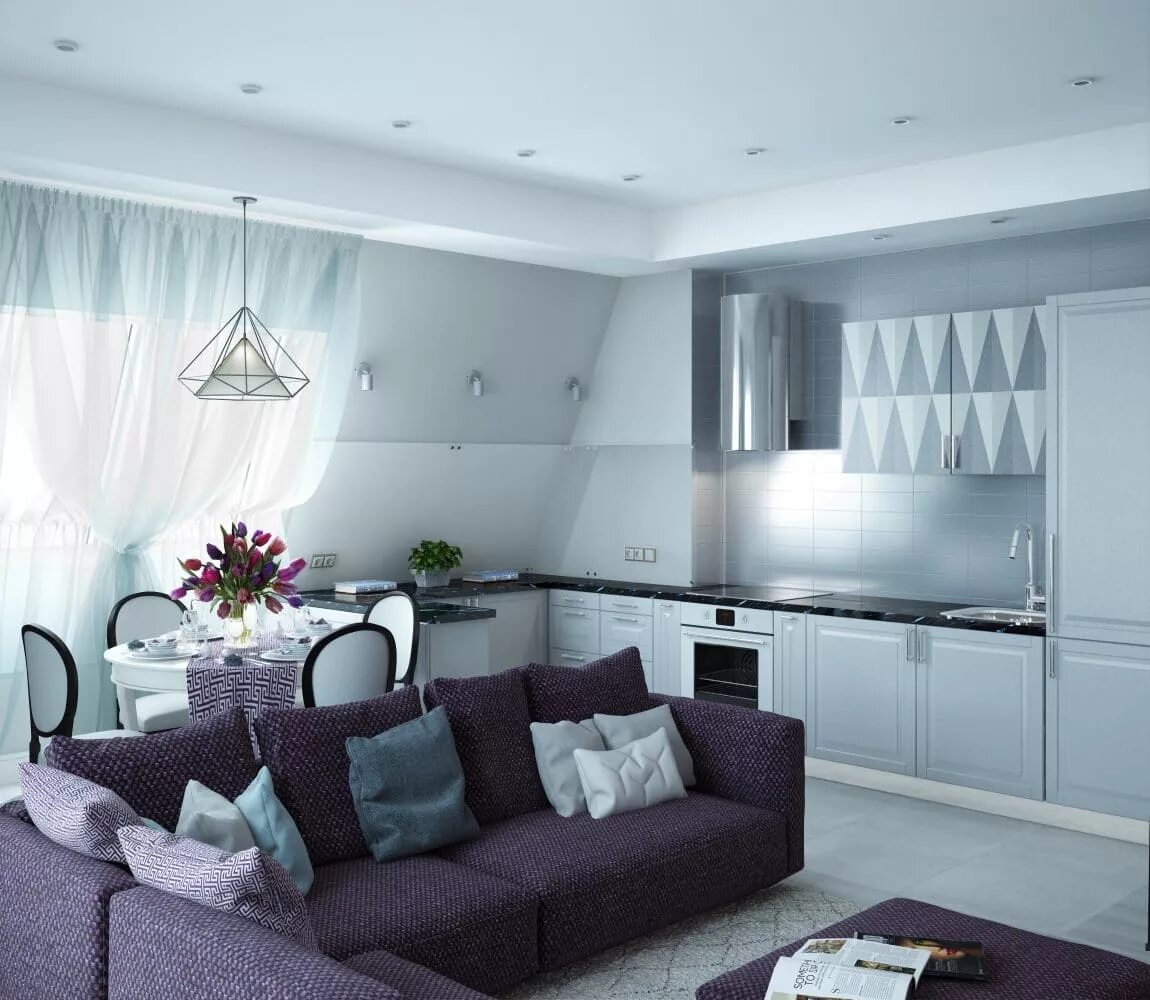 Кухня с серым диваном фото Квартира с фиолетовым диваном для молодой семьи - Roomble.com
