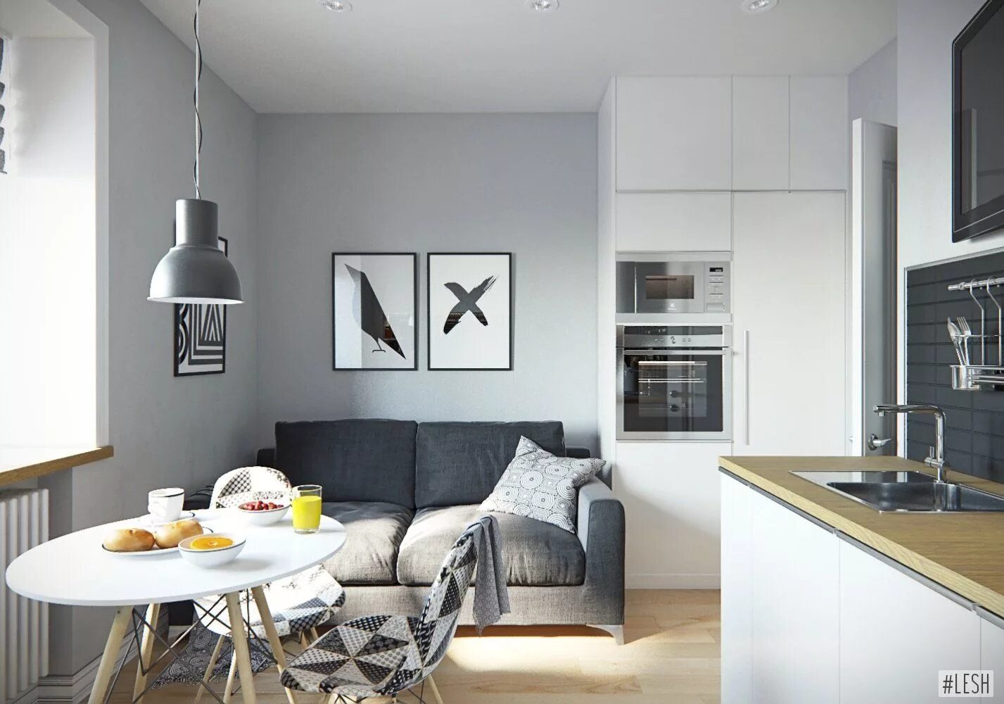 Кухня с серым диваном фото Дизайн квартиры в скандинавском стиле Студия LESH