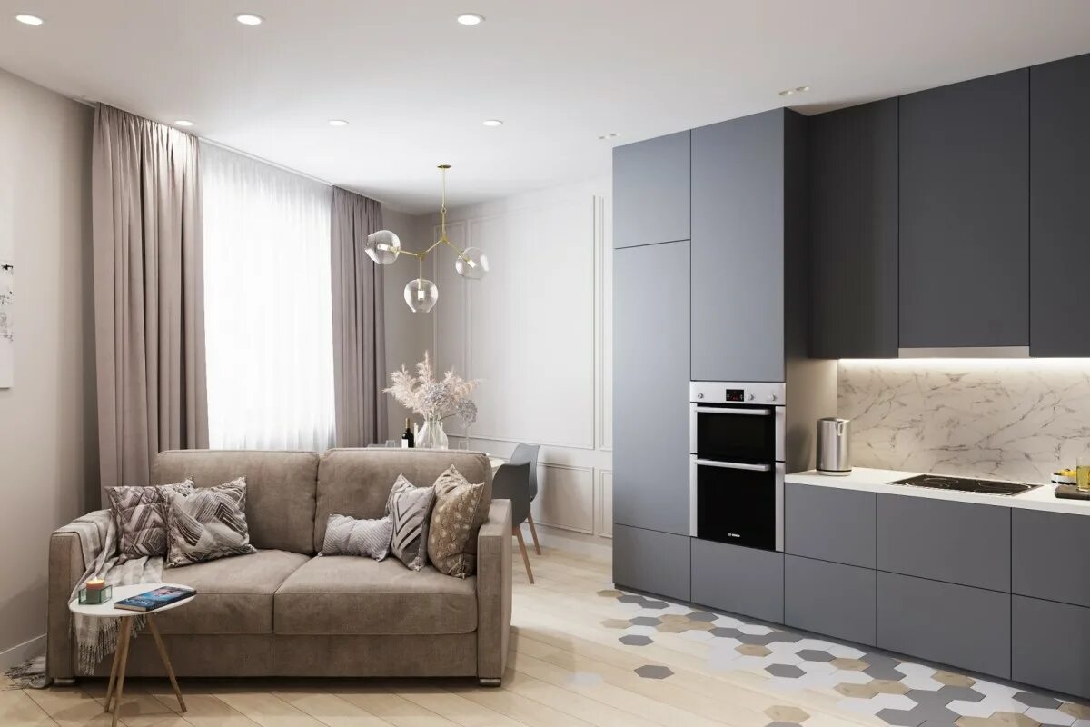 Кухня с серым диваном фото Квартира 60 кв.м. ЖК Тургенева 13, г. Пушкино. - Идеи ремонта