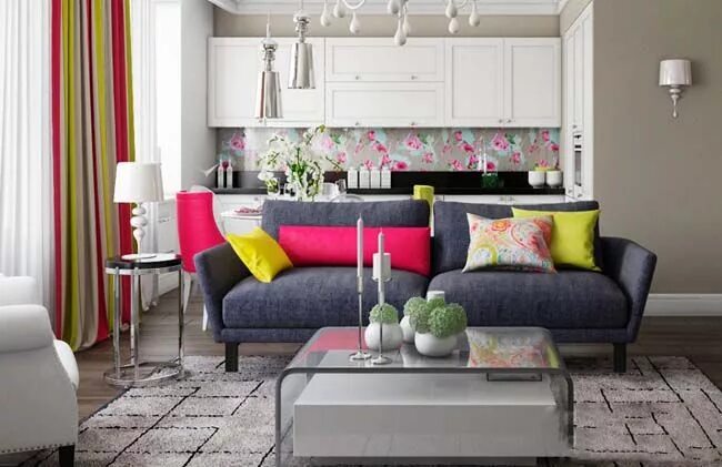 Кухня с серым диваном фото Маленькая кухня совмещенная с гостиной Яркие гостиные, Идеи интерьера, Идеи дома