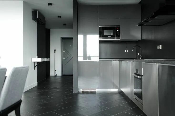 Кухня с серым полом в интерьере Gallery of Hires Apartment Renovation / buro5 - 7 Black kitchens, Black kitchen 