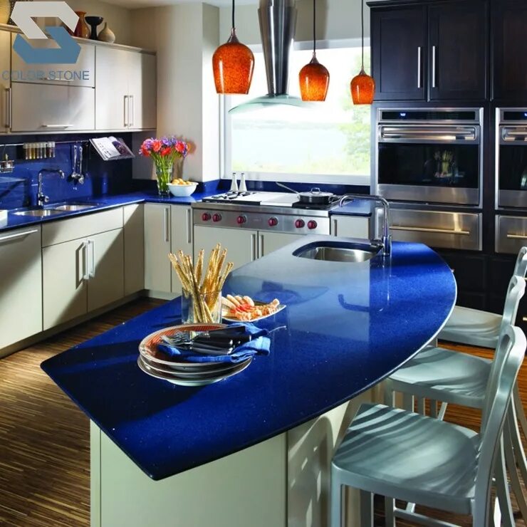 Кухня с синей столешницей фото Factory direct price Fabricated artificial dark blue quartz countertops cheap fo