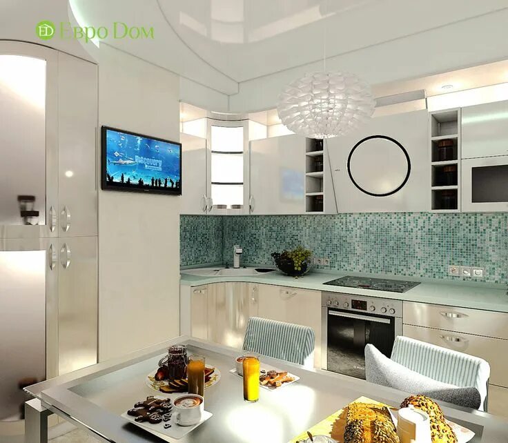 Кухня с телевизором дизайн фото Дизайн трехкомнатной квартиры 76 кв. м в стиле тиффани. Фото проекта Интерьер, Д