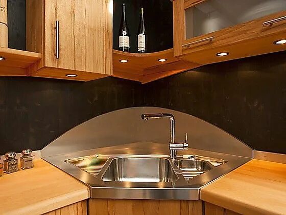 Кухня с угловой мойкой дизайн stainless steel corner kitchen sink with wooden cabinets and countertops Sweet H