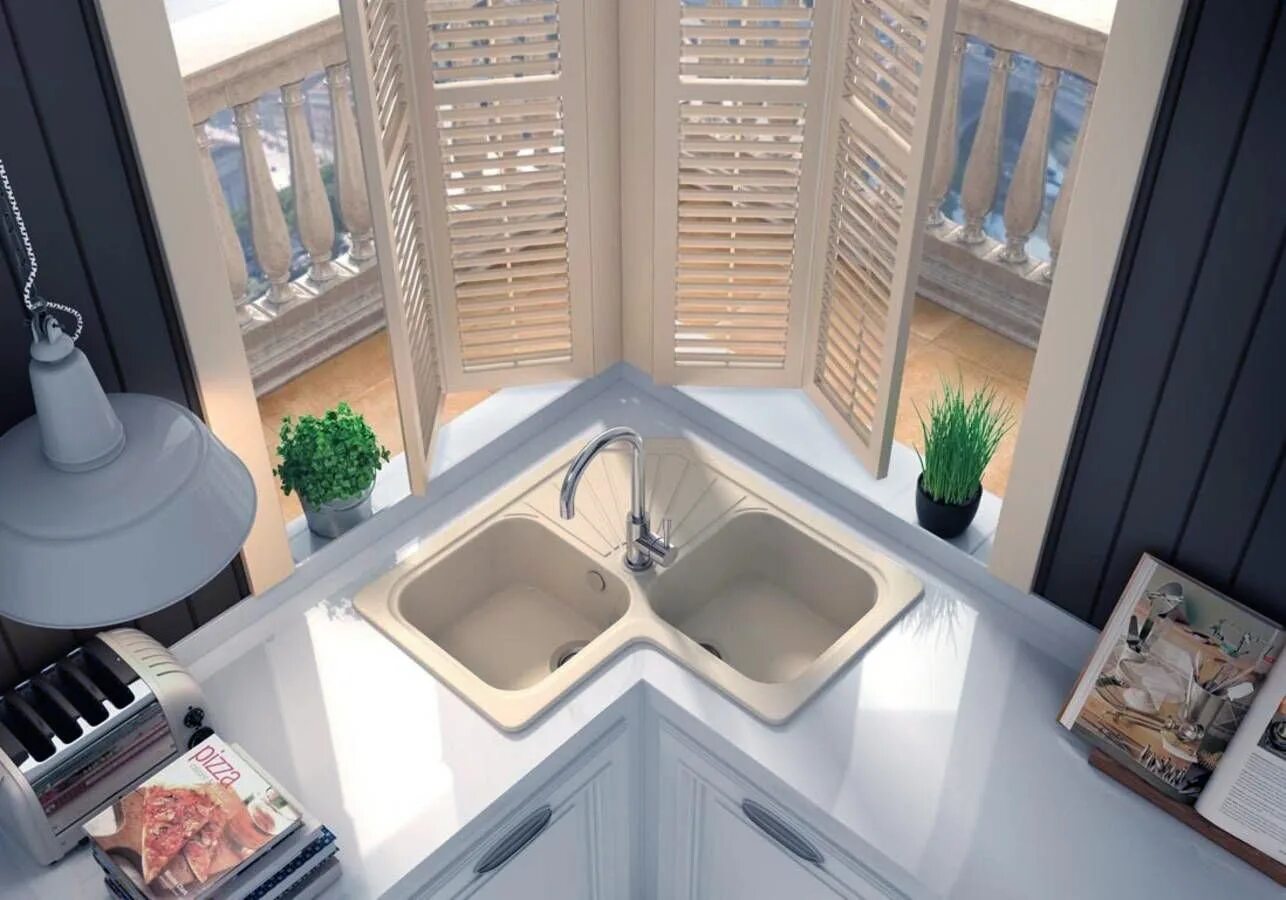 Кухня с угловой мойкой дизайн Белая угловая мойка из искусственного камня Technistone - купить в Казани по цен