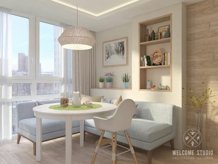 Кухня с угловым диваном в интерьере Трёхкомнатная квартира "Fresh Color" в г. Нижний Новгород Welcome-studio Dining 