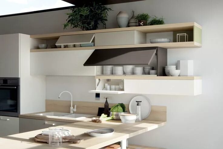 Кухня с верхними полками фото Скачать каталог и узнать цены на Foodshelf By scavolini, кухонный гарнитур дизай