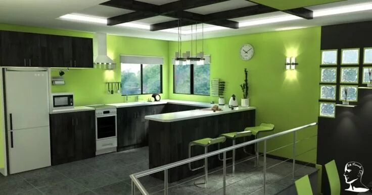 Кухня с зелеными обоями дизайн фото cuisine verte design îlot central idée luminaire suspension mur vert carrelage g