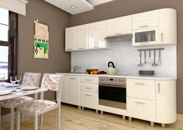 Кухня сахара крем фото Горизонтальные полосы на фасадной части, зрительно увеличат ширину кухни. Фотогр