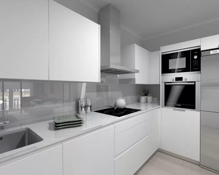 Кухня серая с белым фото Cocina Santos Modelo Line Estratificado Blanco Encimera Compac Blanco Kitchen in