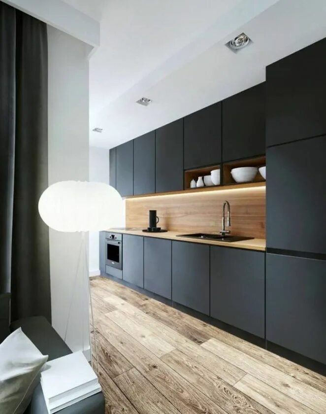 Кухня серая с деревом фото 16 Idées Déco pour Mixer le Noir & le Bois dans la Cuisine Modern kitchen design