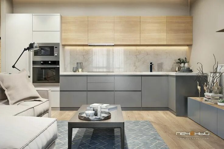 Кухня серая с деревом фото Дизайн интерьера кухни в современном стиле в двухкомнатной квартире. Цвета: белы