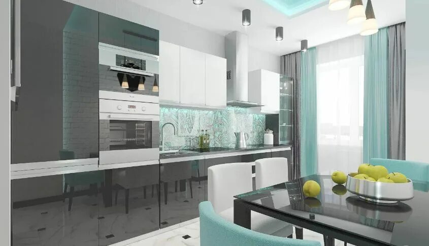 Кухня серо бирюзовая фото в интерьере Черно-белая кухня: фото дизайна гарнитура в интерьере с яркими акцентами