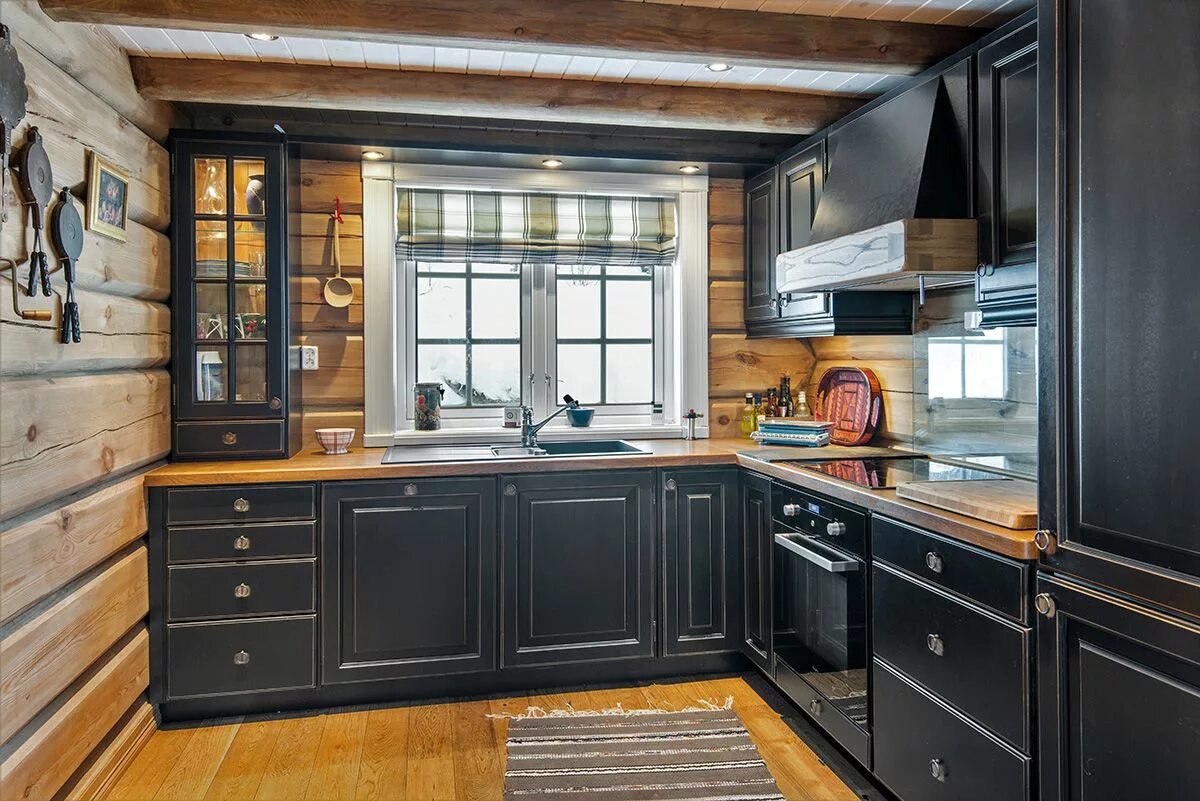 Кухня серо деревянная фото kl.-kj.-Ant.-svart-1 Деревянные дома, Современные бревенчатые коттеджи, Интерьер