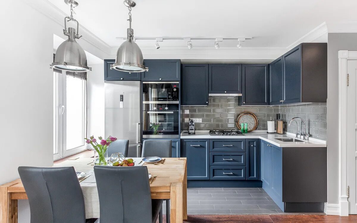 Кухня серо голубая фото современная Кухни Угловые : Кухня угловая KU-009