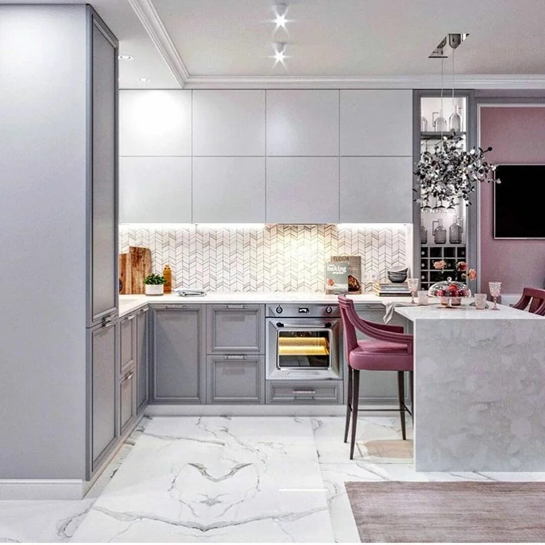 Кухня серо розовая фото Изумительная кухня в студии на 20 кв. м. Украшение кухни, Кухня, Интерьер