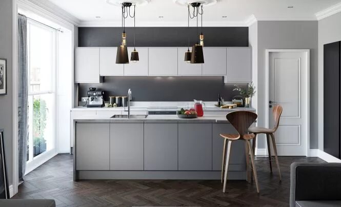 Кухня серого цвета в интерьере дизайн фото Strada Matte Contemporary Handleless Kitchen in Light Grey, Dust Grey & Graphite
