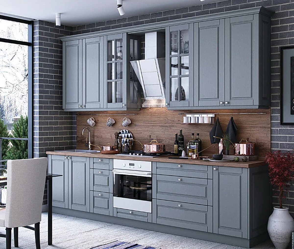 Кухня серый дуб фото Мокка (дуб белый/дуб антрацит) интернет-магазин "Народные кухни"