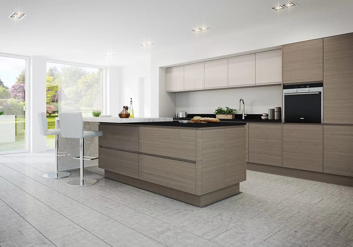 Кухня серый кашемир в интерьере фото This mix of cashmere light cream & warm grey units create a clean, modern look. 