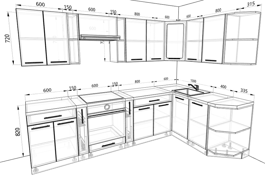 Кухня шкафы размеры фото Размеры кухни: стандартные габариты кухонного гарнитура