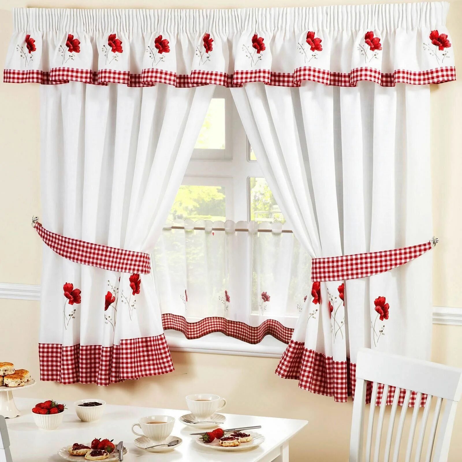 Кухня шторы фото оригинально POPPIES-RED-EMBROIDERED-KITCHEN-CURTAINS-PELMET-amp-24-CAFE-PANEL-5-SIZES Vorhän