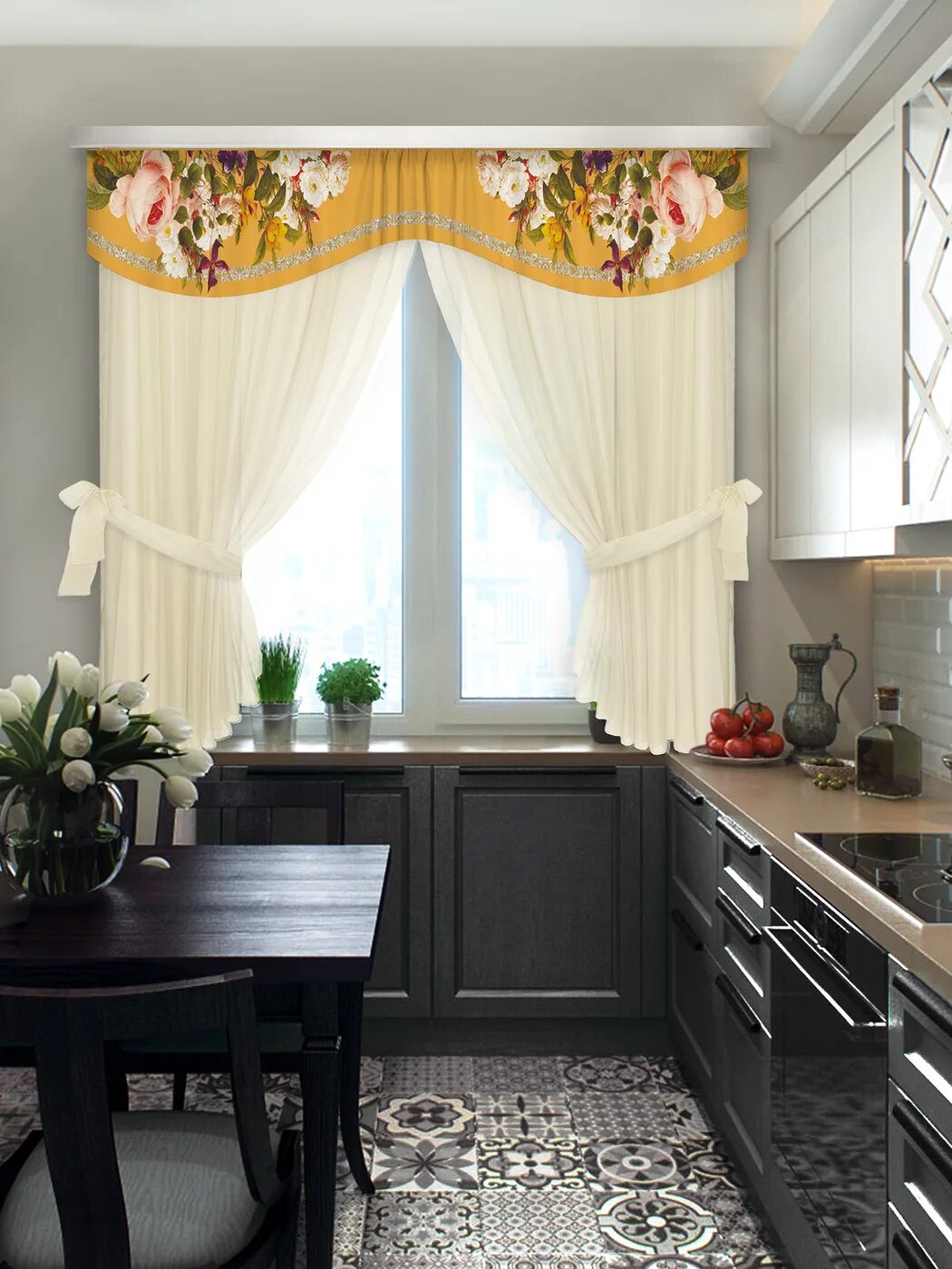 Кухня шторы модели фото Штора для кухни ТД Текстиль Нежность стиля 180х280см, оранжевый, зеленый, Габард