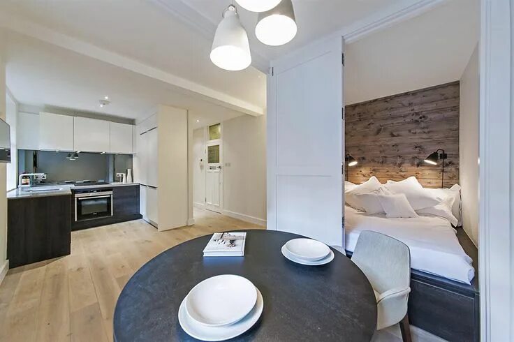 Кухня со спальней фото Английская студия 32 м с мини-спальней Спрятанная кровать, Квартира, Дизайн