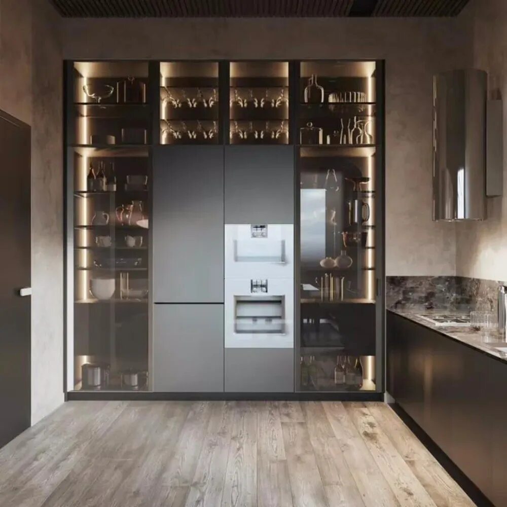 Кухня со стеклянными шкафами фото Алюминиевые стеклянные дверные рамы в итальянском стиле для дверей кухонного шка