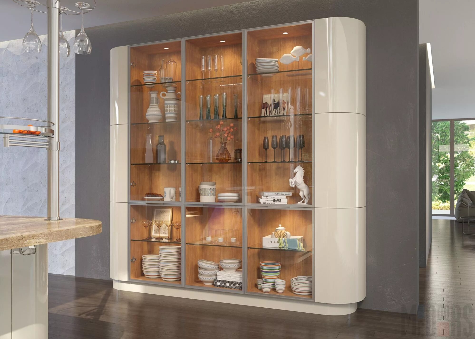 Кухня со стеклянными шкафами фото Купить cтеклянные серванты в гостиную от производителя - на заказ по индивидуаль