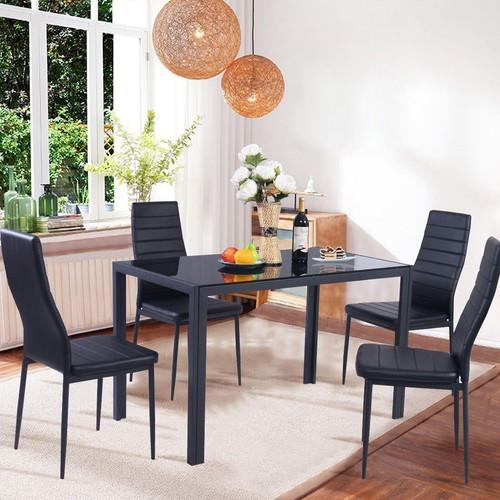 Кухня со стульями интерьер Black Glass Dining Table and 2 4 6 PU Leather Chairs Set Kitchen Home Furniture 