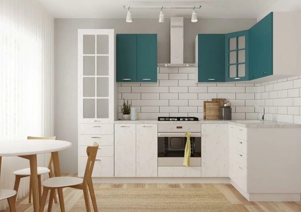 Кухня софия интерьер Кухня София угловая МДФ с пеналом, морская волна/дуб полярный