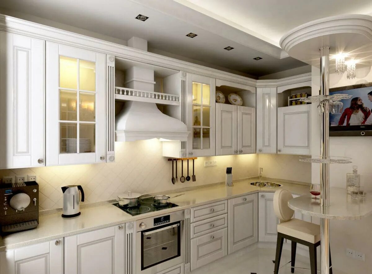 Кухня современная классика фото угловая Проект белой кухни 12 кв м с холодильником, классика