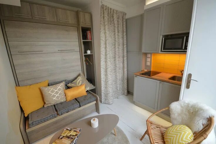 Кухня спальня дизайн Aménagement studio, chambre de bonne : 5 exemples réussis Chambre de bonne, Amen