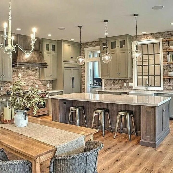 Кухня стили интерьера в доме Blooming In Grace on Instagram: "Lovely, rustic farmhouse table and brick floor.