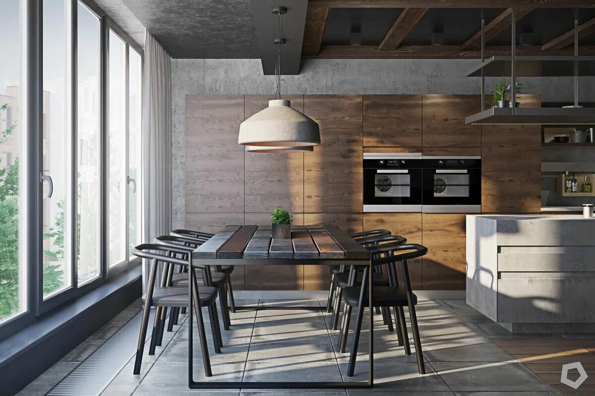 Кухня стиля лофт дерево Three Homes Using Exposed Brick, Wood Panelling and Grey To Their Advantage Bric