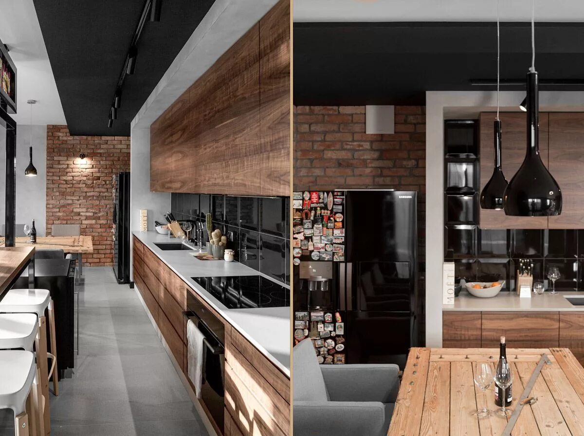 Кухня стиля лофт дерево Three Homes Using Exposed Brick, Wood Panelling and Grey To Their Advantage Kitc