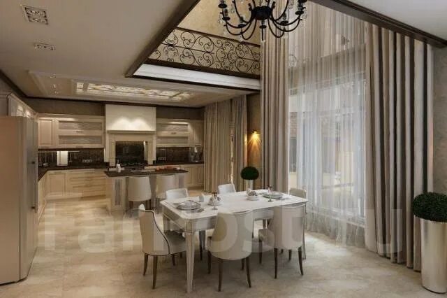 Кухня столовая дизайн интерьер фото частного дома Готовые шторы портьеры блэкаут кремовый матовый! 250*270-2шт, новый, в наличии. 