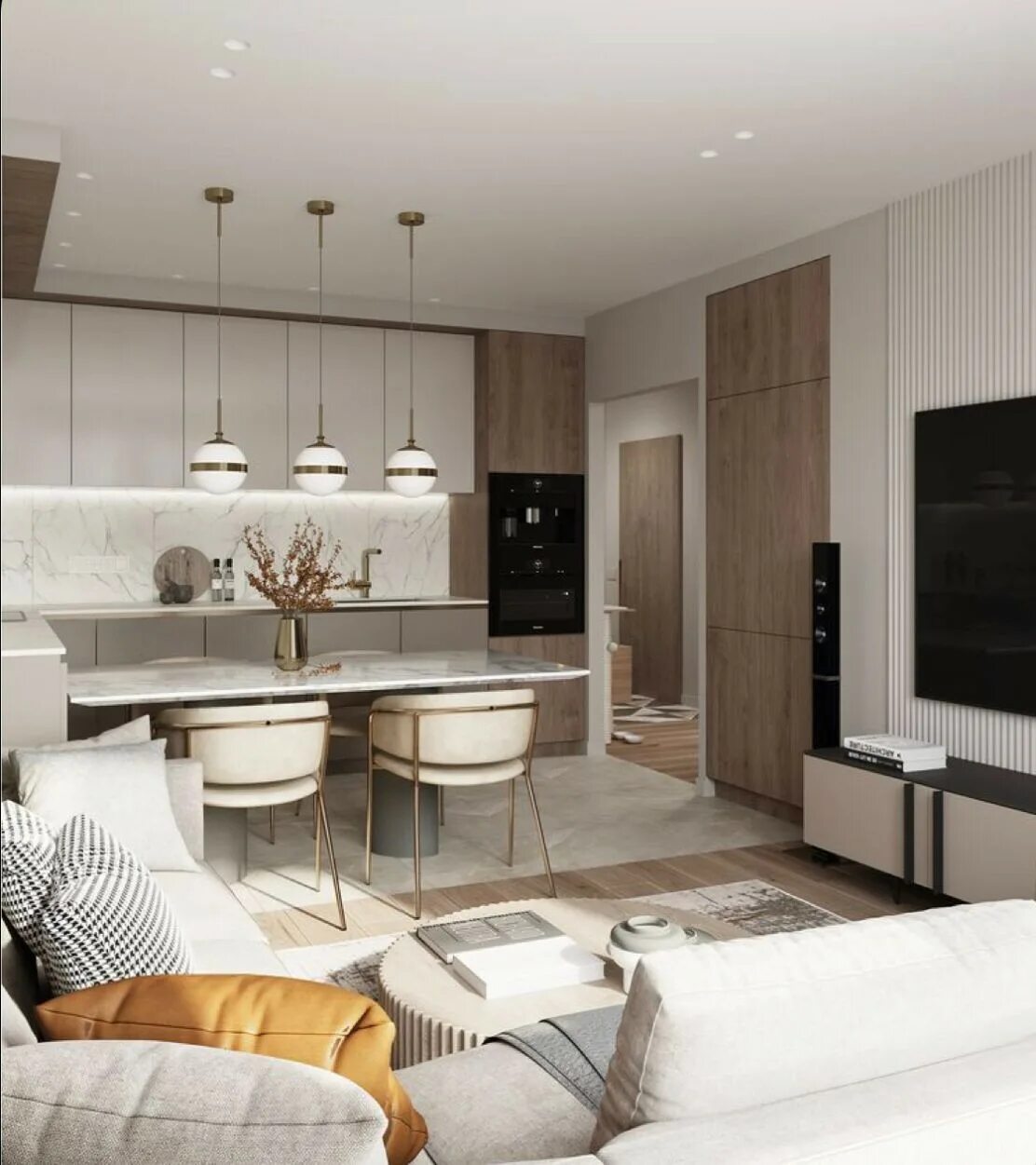 Кухня столовая гостиная дизайн в современном стиле Купить 1-комнатную квартиру, 42.6 м² по адресу Новосибирск, Сержанта Коротаева, 