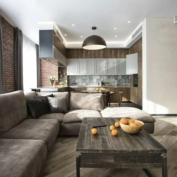 Кухня столовая гостиная планировка 35 кв Натяжной потолок и линейный свет над кухней в квартире по проекту @archslon . #п