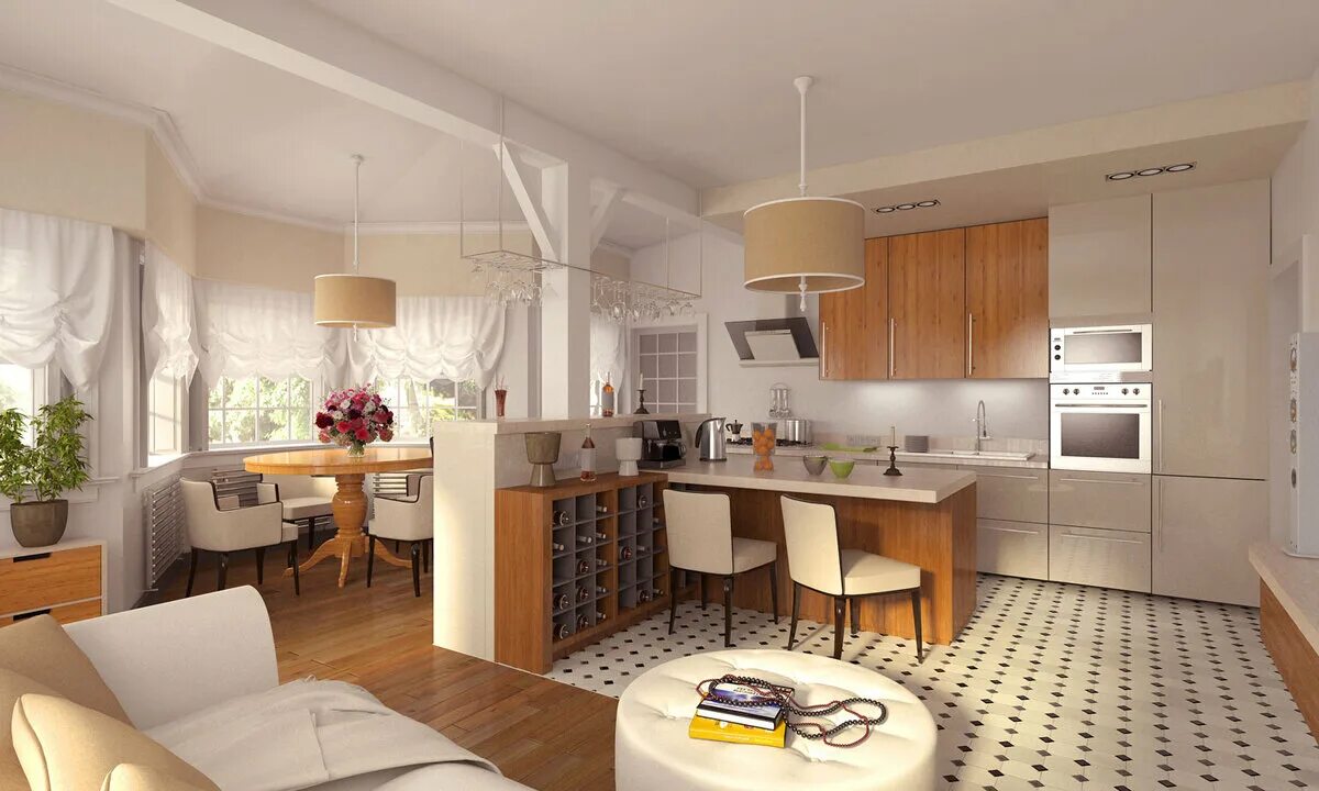 Кухня столовая гостиная планировка в частном доме Кухня-столовая в загородном доме: уютные, стильные и многофункциональные решения