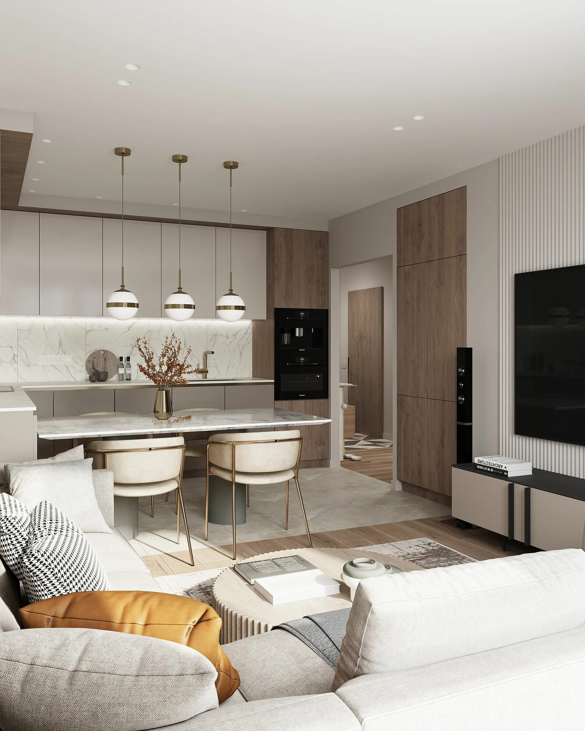 Кухня столовая гостиная современный дизайн OSOME Mesherskiy forest on Behance Open kitchen and living room, Home design liv