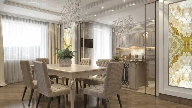 Кухня столовая гостиная современный дизайн Стиль ар-деко в дизайне двухуровневой квартиры - портфолио ГК "Фундамент" - http