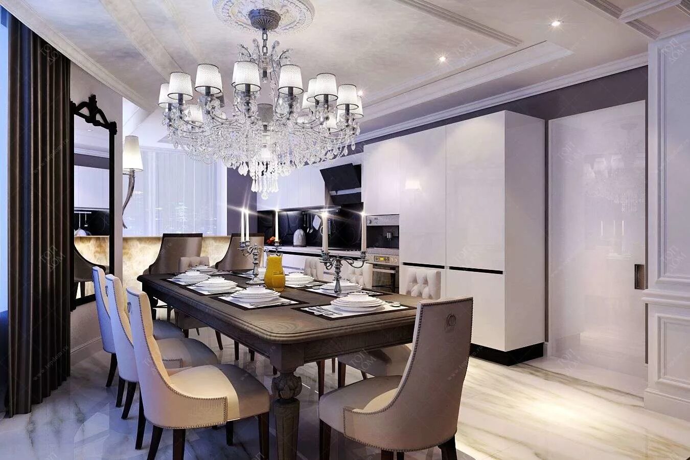 Кухня столовая гостиная современный дизайн Дизайн светлой столовой с бежево-жемчужной мебелью