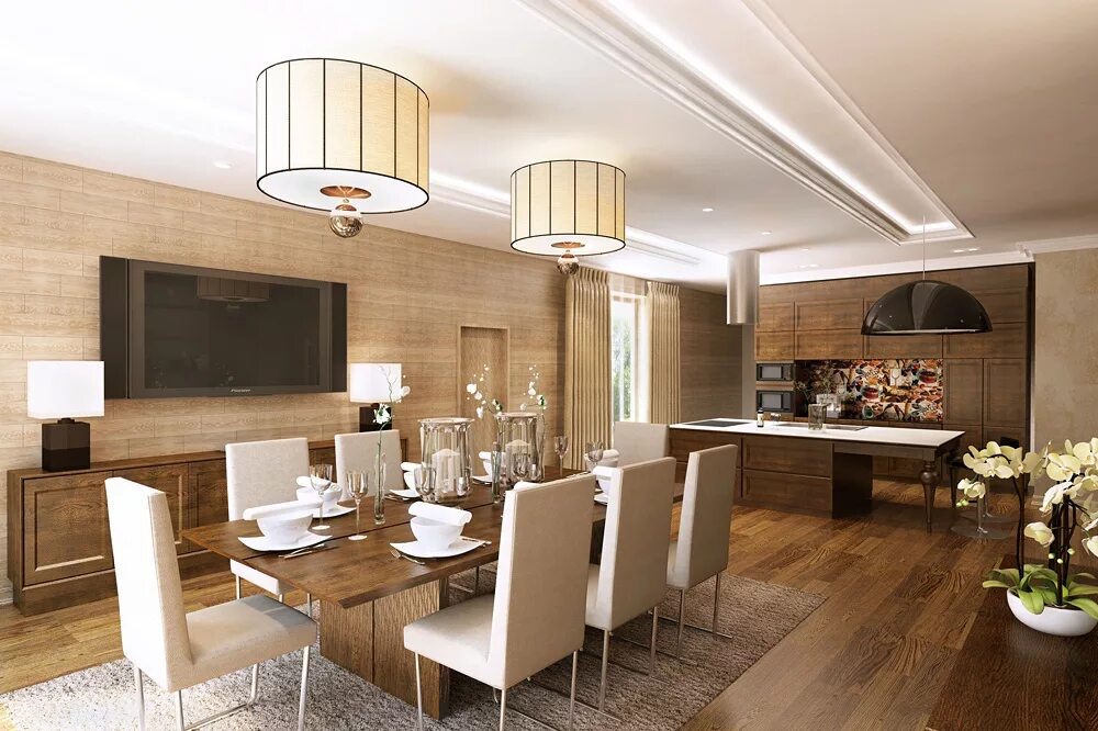 Кухня столовая гостиная в частном доме фото Гостиная столовая