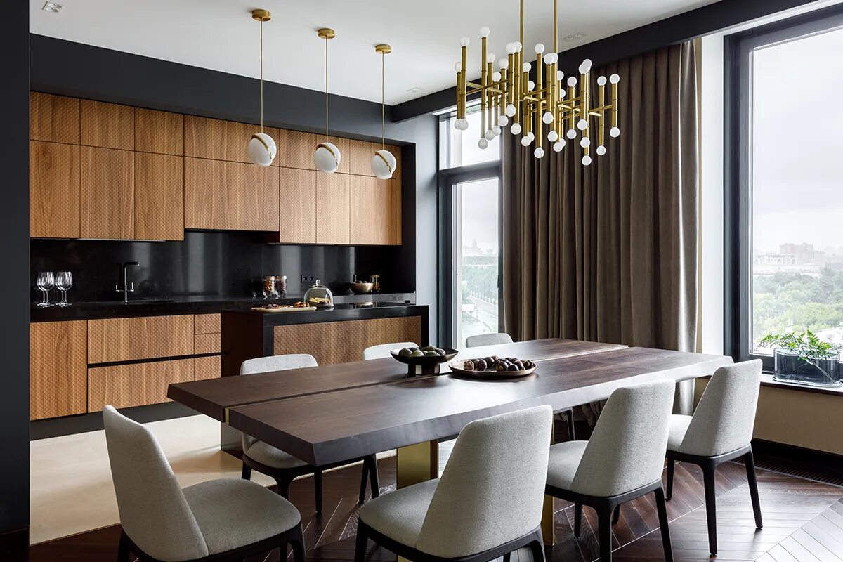 Кухня столовая интерьер квартиру Воробьев дом с видами на Университет